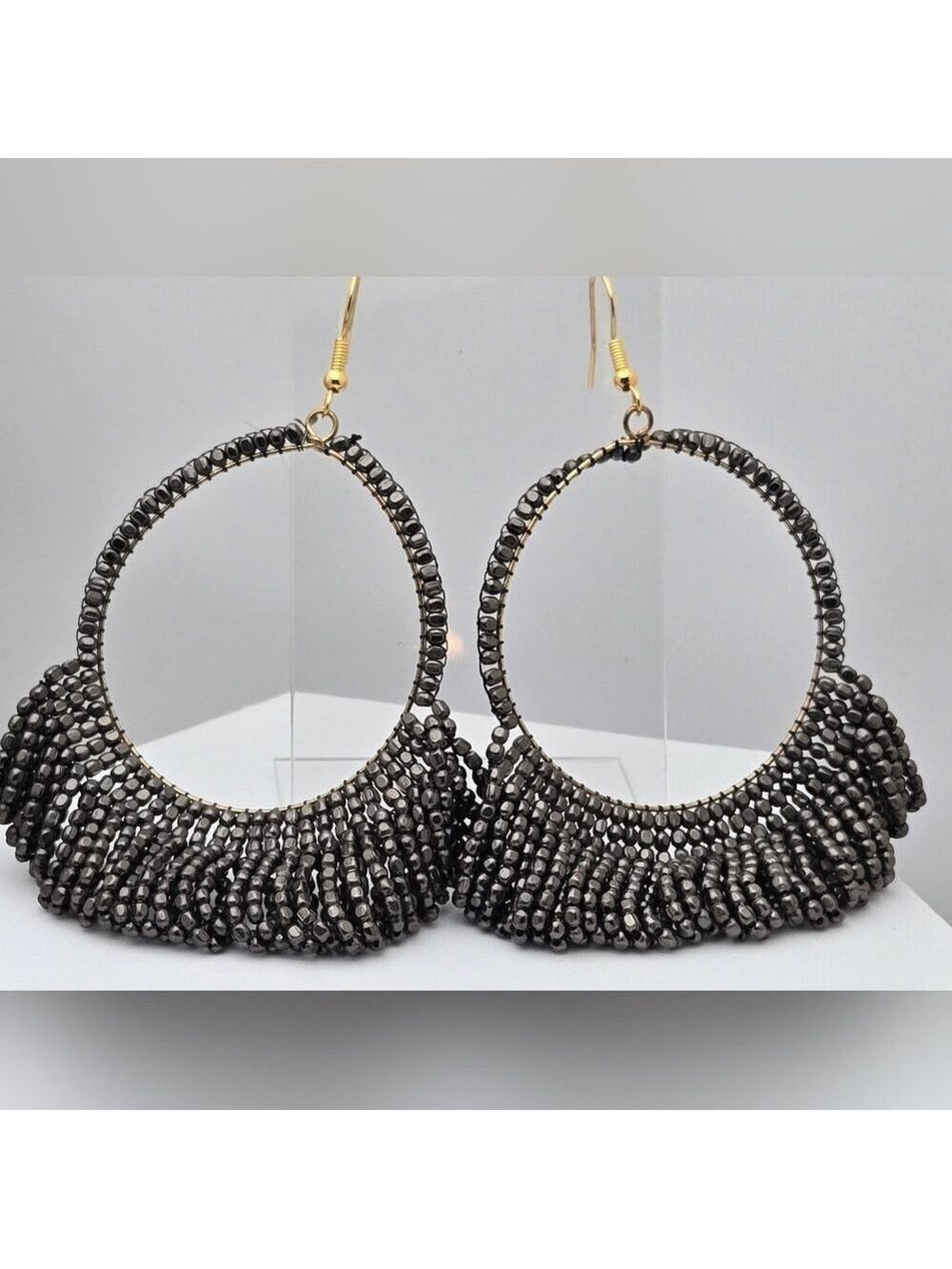 Ink + Alloy Handmade Beaded Hoop Earrings Matte Silver Lightweight Boho 3”